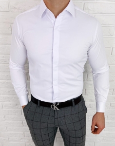 Biała koszula z krytą plisą slim fit z kołnierzem męska RS-1070