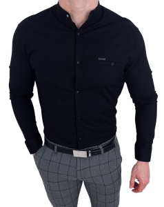 Czarna koszula ze stójką slim fit z ozdobną kieszonką 0274/2