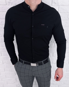 Czarna koszula ze stójką slim fit z ozdobną kieszonką 0274/2