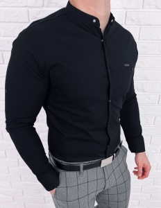 Czarna koszula ze stójką slim fit z ozdobną kieszonką 0274/2