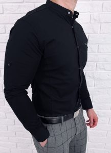 Czarna koszula ze stójką slim fit z ozdobną kieszonką 0274/2