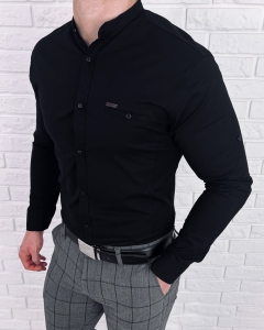 Czarna koszula ze stójką slim fit z ozdobną kieszonką 0274/2