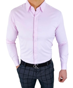 Różowa koszula z krytą plisą slim fit z kołnierzem męska RS-1070