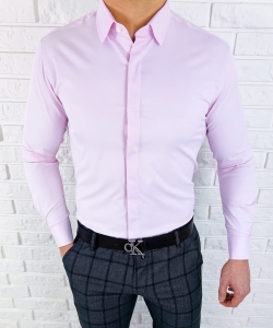 Różowa koszula z krytą plisą slim fit z kołnierzem męska RS-1070
