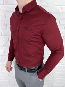 Bordowa koszula męska slim fit kołnierz kieszonka 0149/562