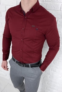 Bordowa koszula męska slim fit kołnierz kieszonka 0149/562