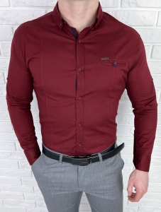 Bordowa koszula męska slim fit kołnierz kieszonka 0149/562