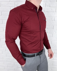 Bordowa koszula męska slim fit kołnierz kieszonka 0149/562