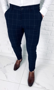 Granatowe materiałowe spodnie w szarą kratę męskie slim 002s