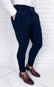 Granatowe materiałowe spodnie w szarą kratę męskie slim 002s