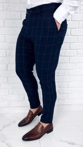 Granatowe materiałowe spodnie w szarą kratę męskie slim 002s