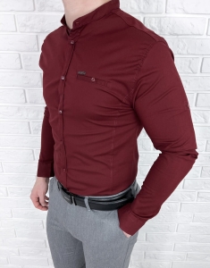 Bordowa koszula ze stójką ozdobna kieszonka 0274/56B