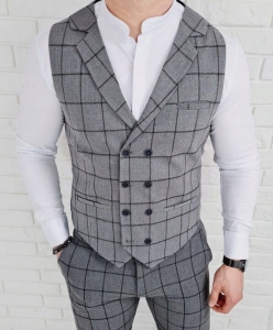 Kamizelka męska szara elegancka w czarną kratę dwurzędowa Stylovy 64g