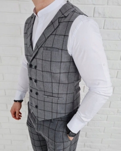 Kamizelka męska szara elegancka w czarną kratę dwurzędowa Stylovy 64g