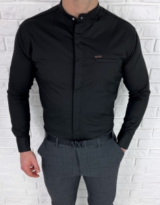 Czarna koszula męska ze stójką kryta plisa slim fit 0325/22