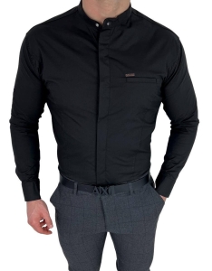 Czarna koszula męska ze stójką kryta plisa slim fit 0325/22