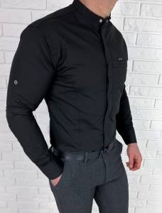 Czarna koszula męska ze stójką kryta plisa slim fit 0325/22