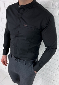 Czarna koszula męska ze stójką kryta plisa slim fit 0325/22