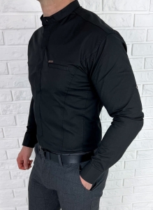 Czarna koszula męska ze stójką kryta plisa slim fit 0325/22