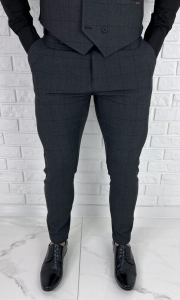 Ciemnoszare eleganckie spodnie slim fit w czarną kratę 1849