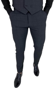 Ciemnoszare eleganckie spodnie slim fit w czarną kratę 1849