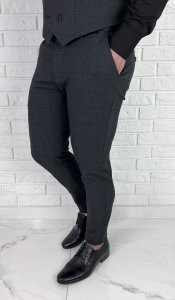 Ciemnoszare eleganckie spodnie slim fit w czarną kratę 1849