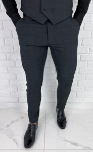 Ciemnoszare eleganckie spodnie slim fit w czarną kratę 1849