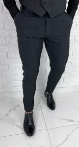 Ciemnoszare eleganckie spodnie slim fit w czarną kratę 1849