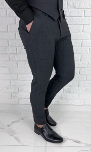 Ciemnoszare eleganckie spodnie slim fit w czarną kratę 1849