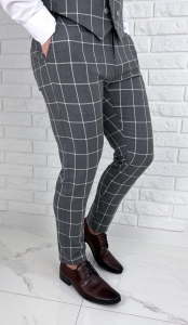 Szare eleganckie spodnie slim fit w białą kratę 1851