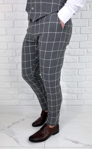 Szare eleganckie spodnie slim fit w białą kratę 1851