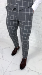 Szare eleganckie spodnie slim fit w białą kratę 1851