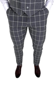 Szare eleganckie spodnie slim fit w białą kratę 1851