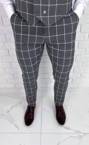 Szare eleganckie spodnie slim fit w białą kratę 1851