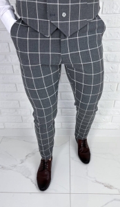 Szare eleganckie spodnie slim fit w białą kratę 1851