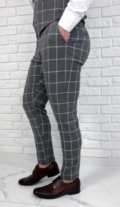 Szare eleganckie spodnie slim fit w białą kratę 1851