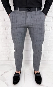 Szare eleganckie spodnie slim fit w czarną kratę 1850