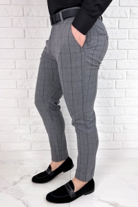 Szare eleganckie spodnie slim fit w czarną kratę 1850