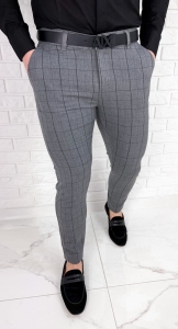Szare eleganckie spodnie slim fit w czarną kratę 1850