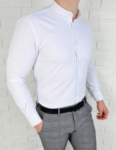 Biała koszula męska ze stójką slim fit Rs-1180