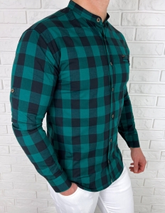 Zielona koszula męska w czarną kratę slim fit 0432/186
