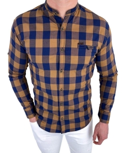 Żółta koszula męska w granatową kratę slim fit 0432/48