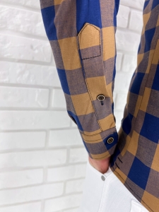 Żółta koszula męska w granatową kratę slim fit 0432/48