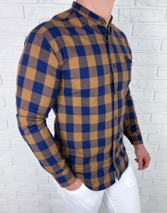 Żółta koszula męska w granatową kratę slim fit 0432/48
