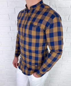 Żółta koszula męska w granatową kratę slim fit 0432/48