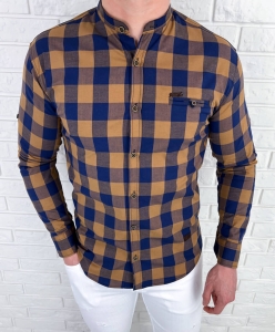 Żółta koszula męska w granatową kratę slim fit 0432/48