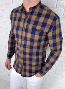 Żółta koszula męska w granatową kratę slim fit 0432/48