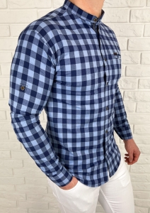 Niebieska koszula męska w granatową kratę slim fit 0431/107