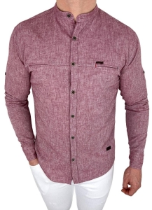 Bordowa bawełniana koszula slim fit ze stójką kieszonki 0282/56