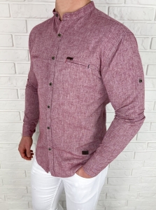 Bordowa bawełniana koszula slim fit ze stójką kieszonki 0282/56